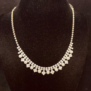 Clair's Silver Tone, Faux Pearl And Clear Rhinestone Statement Necklace (3842)